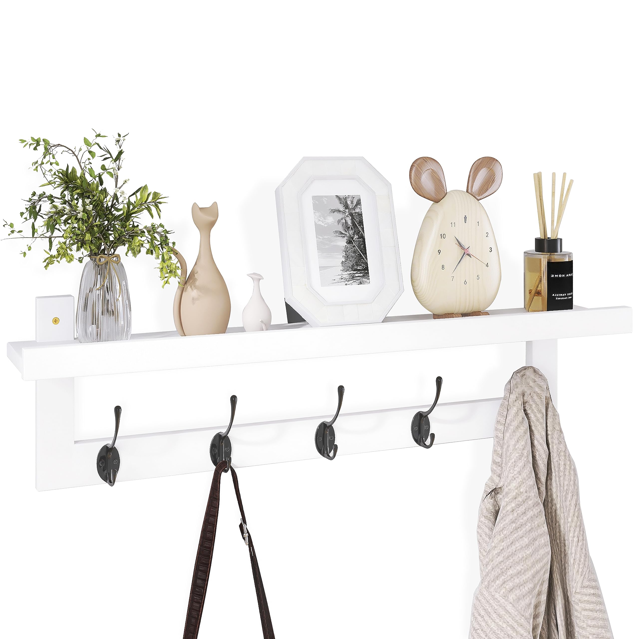 SMIBUY Coat Hooks with Shelf Wall-Mounted, 74 cm Entryway Coat Rack for Wall, Bamboo Hanging Shelf with 5 Double Metal Hooks for Bathroom, Bedroom, Kitchen, Living Room, Mudroom (Grey)