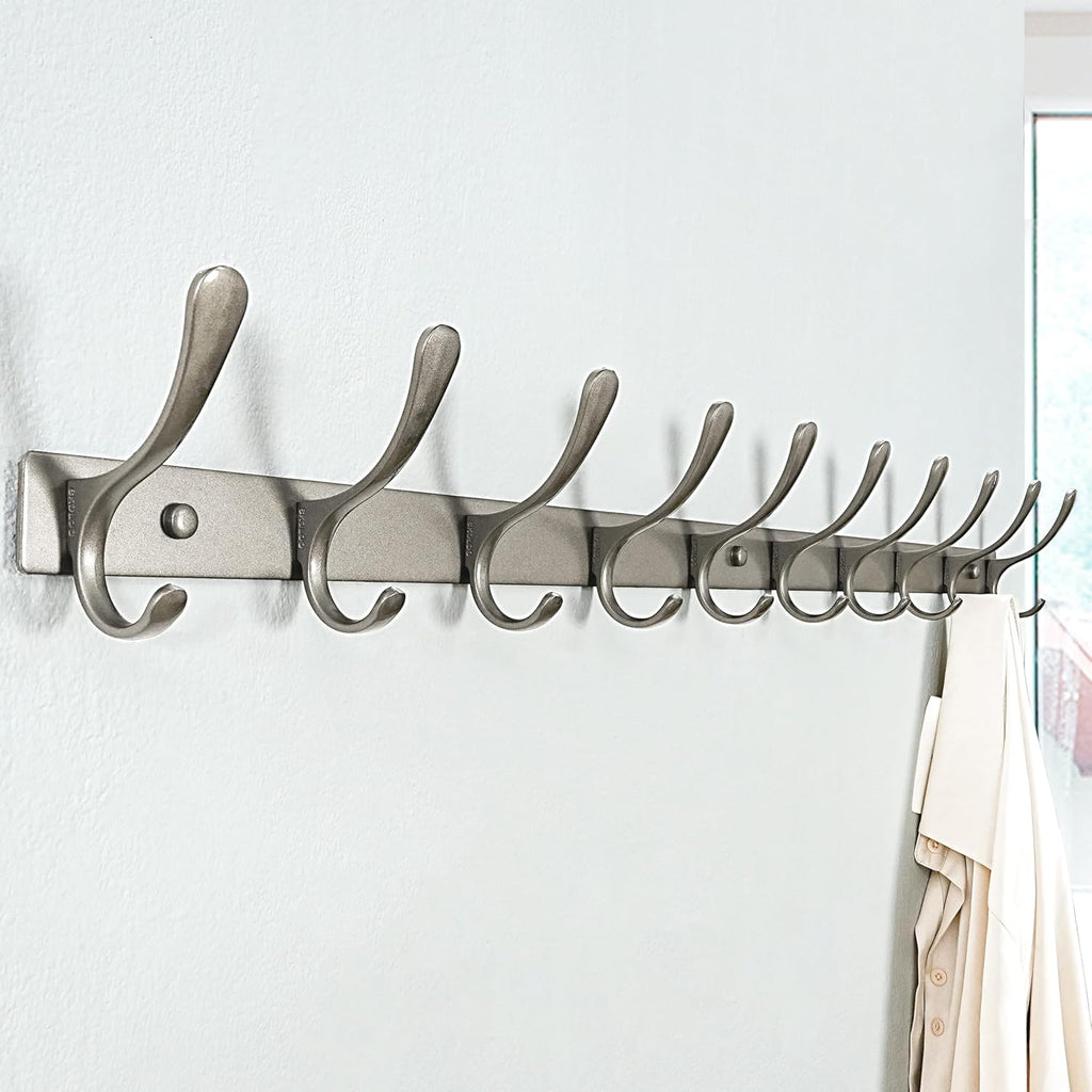 SKOLOO Coat Rack Wall Mounted - 10 Hooks, Heavy Duty, Stainless Steel, Metal Wall Coat Hanger, Sturdy Wall Hooks for Hanging Jacket, Clothes, Hat, Matte Grey