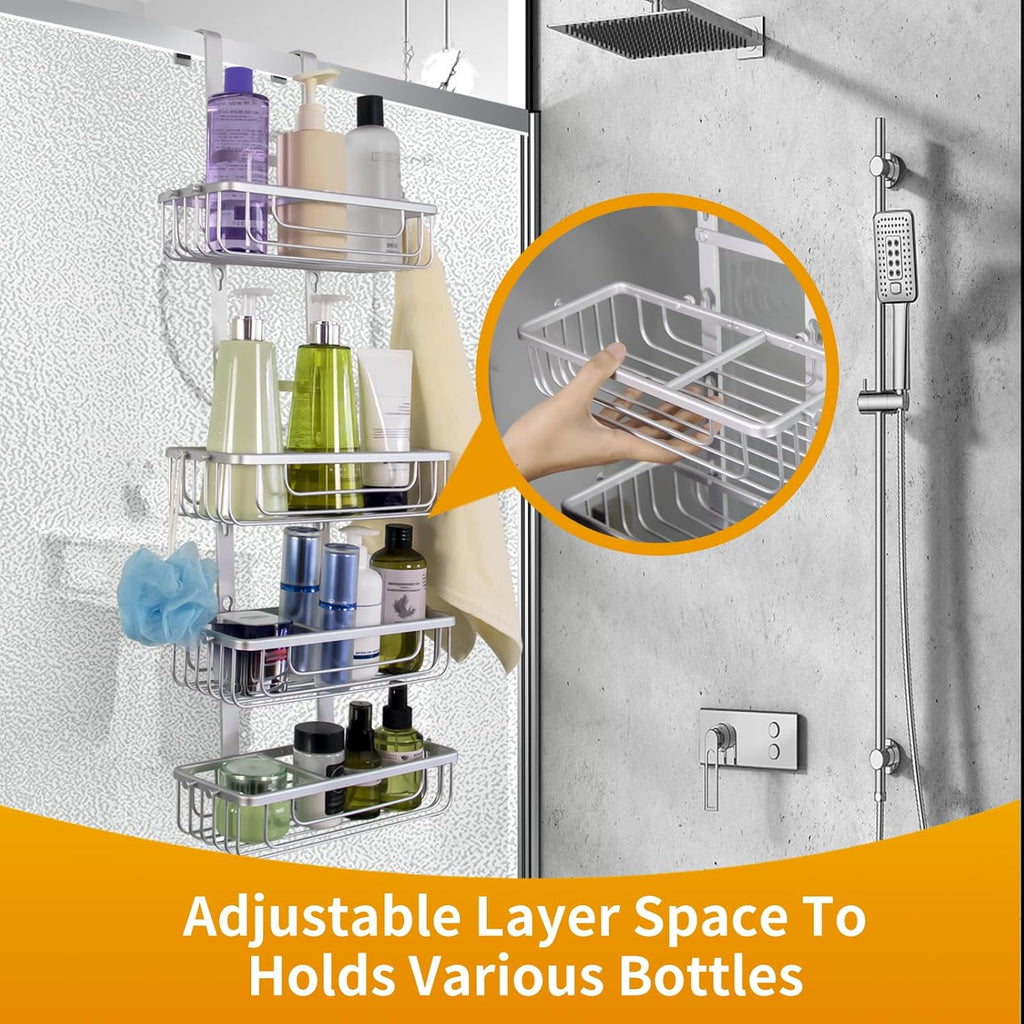 Duwee Hanging Shower Caddy 4 Tier, RustProof Aluminium Shower Caddies, Over Door Bathroom Caddy, No Drilled Storage Basket Organizer for Shampoo, Conditioner, Body Wash, Silver