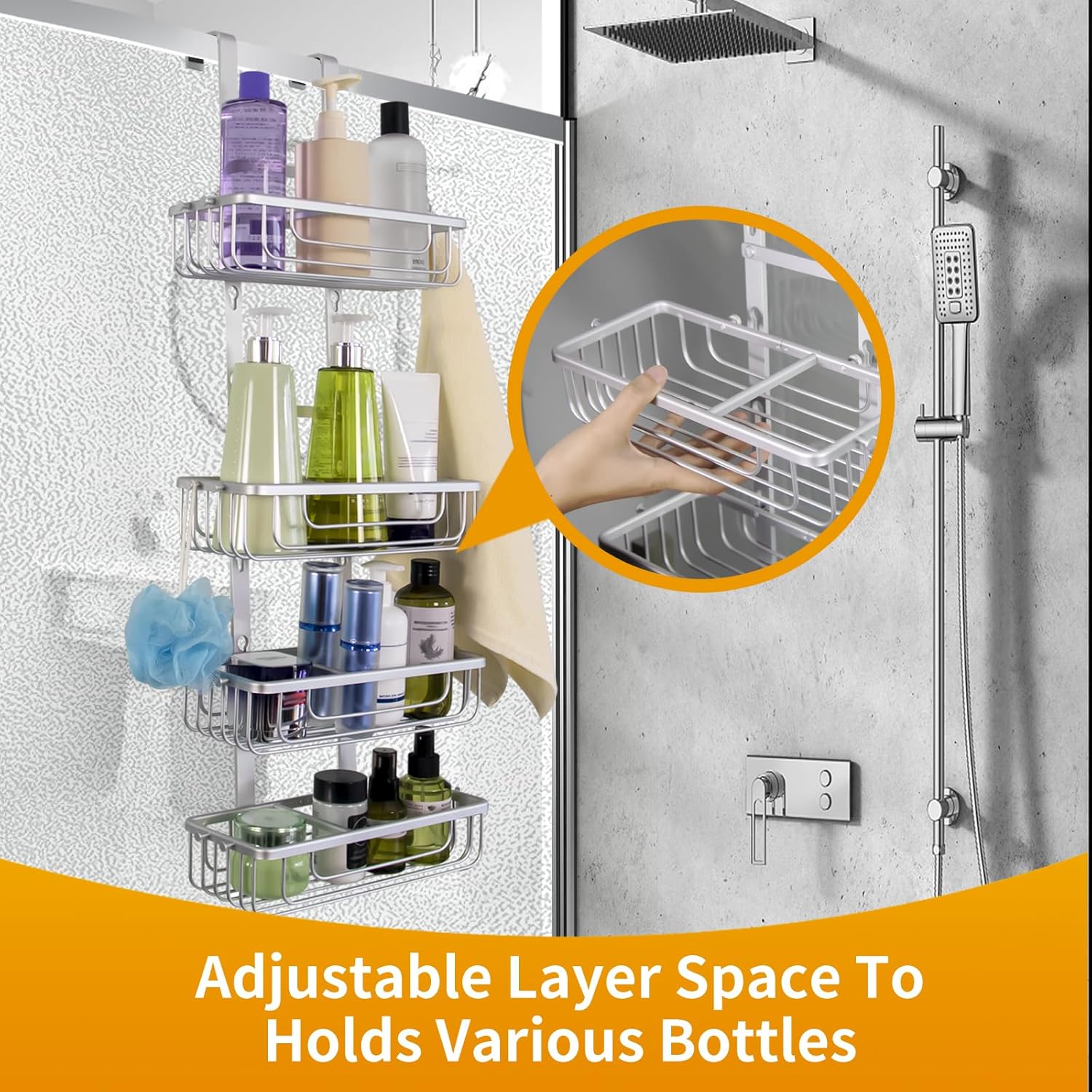 Duwee Hanging Shower Caddy 4 Tier, RustProof Aluminium Shower Caddies, Over Door Bathroom Caddy, No Drilled Storage Basket Organizer for Shampoo, Conditioner, Body Wash, Silver