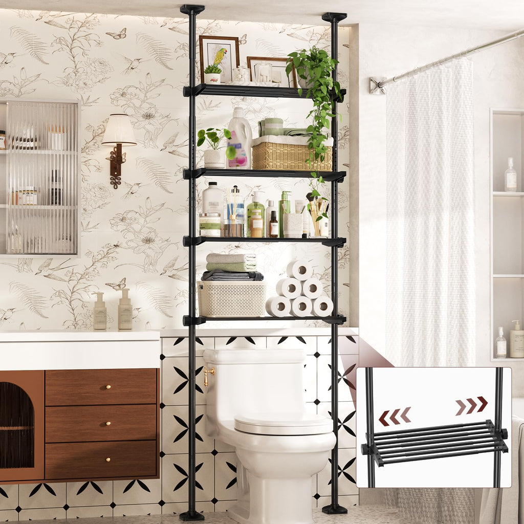 Yeabett Over Toilet Shelving Unit, Height 163–315 cm, Width 39–69 cm, Over Washing Machine Cabinet, Versatile Bathroom Organiser for Bathroom, Kitchen, Living Room, Utility Room, 4-Tier, White