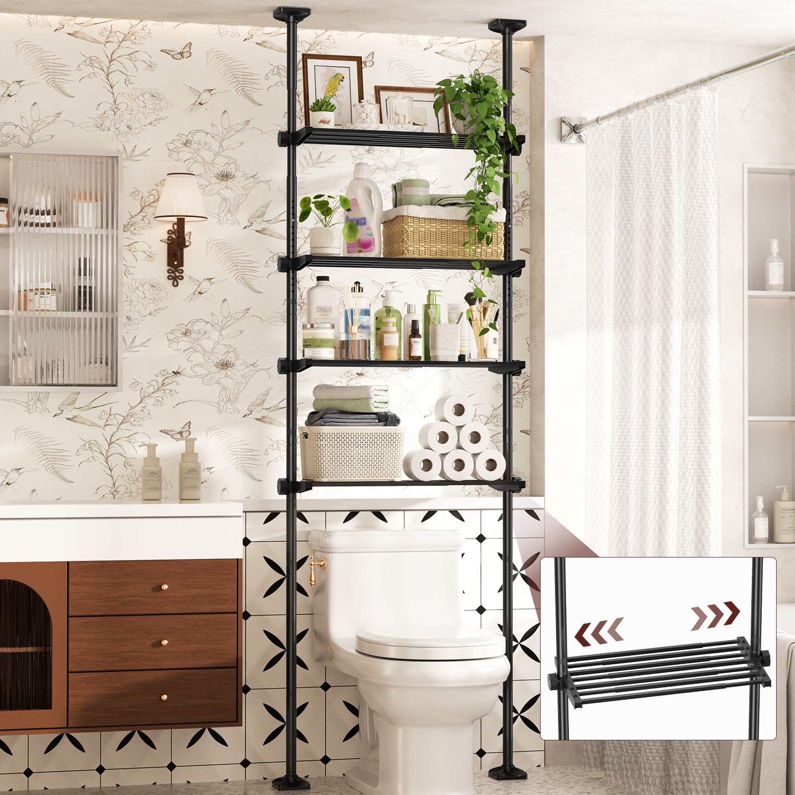 Yeabett Over Toilet Shelving Unit, Height 163–315 cm, Width 39–69 cm, Over Washing Machine Cabinet, Versatile Bathroom Organiser for Bathroom, Kitchen, Living Room, Utility Room, 4-Tier, White