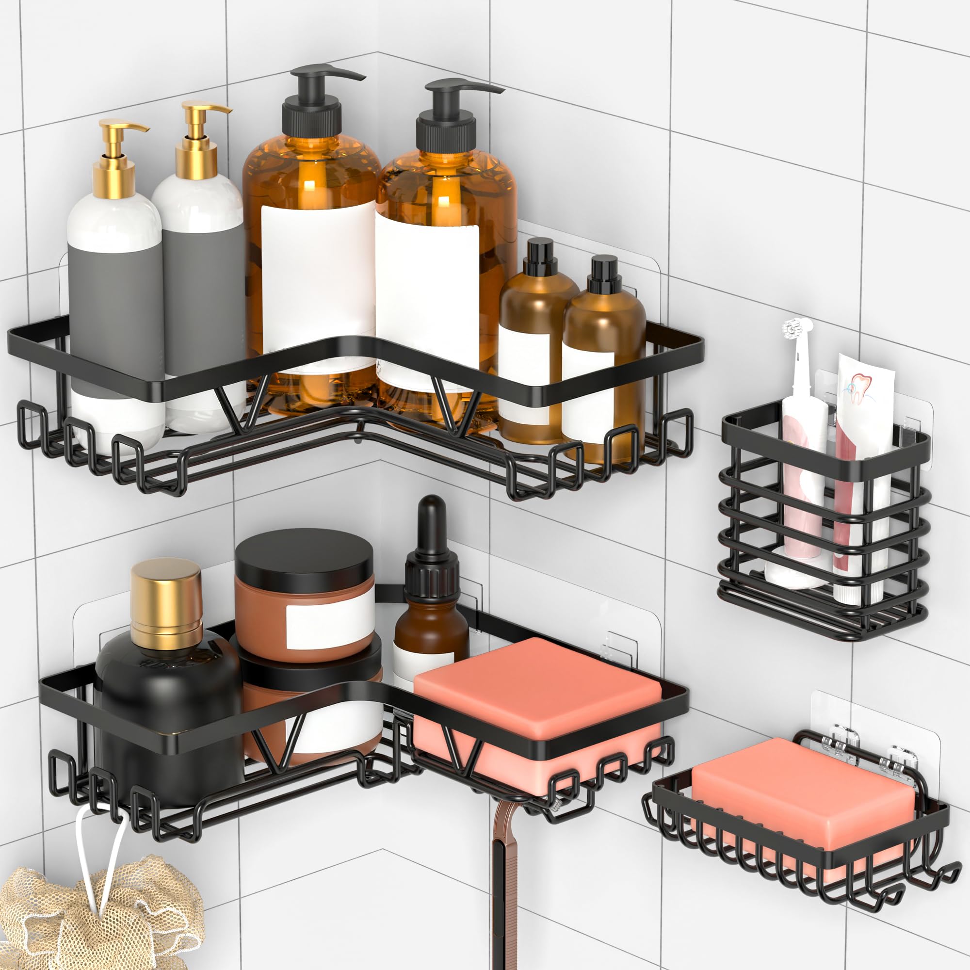 Kegii Telescopic Shower Caddy, 6 Tiers Corner Shower Shelf Adjustable Bathroom Storage Organiser Extendable Corner Bathroom Caddy, Black, No Drilling, Stainless Steel