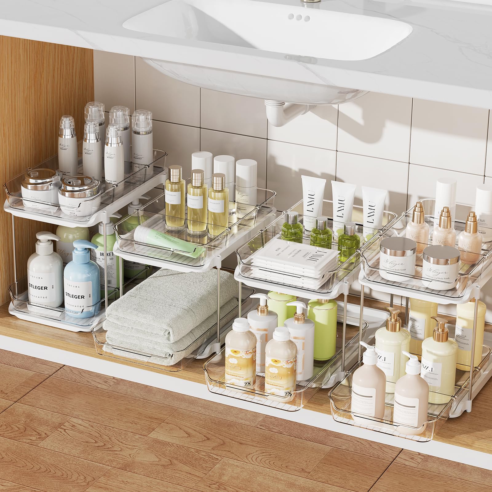 2 Pack 3-Tier Under Sink Organizer, Clear Pull Out Storage with Movable Dividers for Bathroom & Kitchen