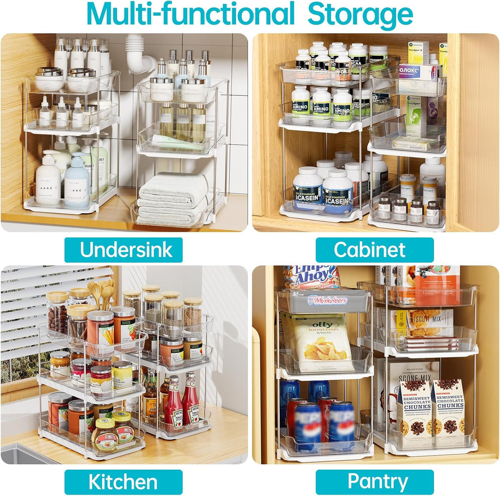 2 Pack 3-Tier Under Sink Organizer, Clear Pull Out Storage with Movable Dividers for Bathroom & Kitchen