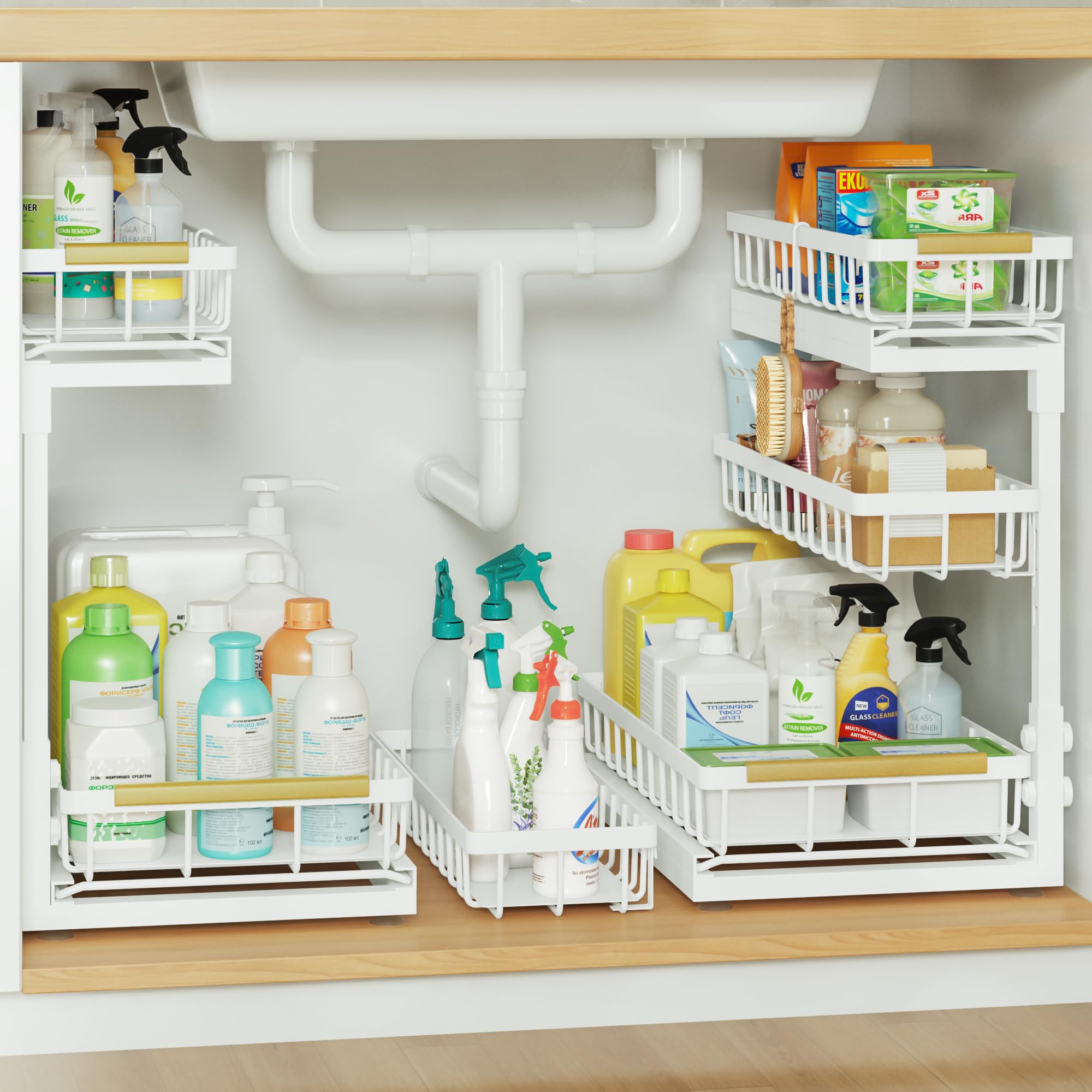 Under Sink Organizer and Storage for Bathroom and Kitchen - 2 Pack 3 Tier Under Cabinet Pull Out Shelf Organizers - Slide Out Drawer Organization for Home Cabinets Shelves and Drawers