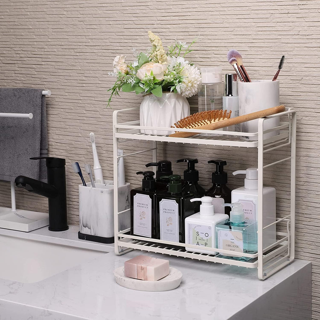ZCCZ 2-Tier Bathroom Organizer Countertop, Metal Storage Shelves Tray, Shower Caddy Kitchen Shelf for Kitchen Office Organization, White