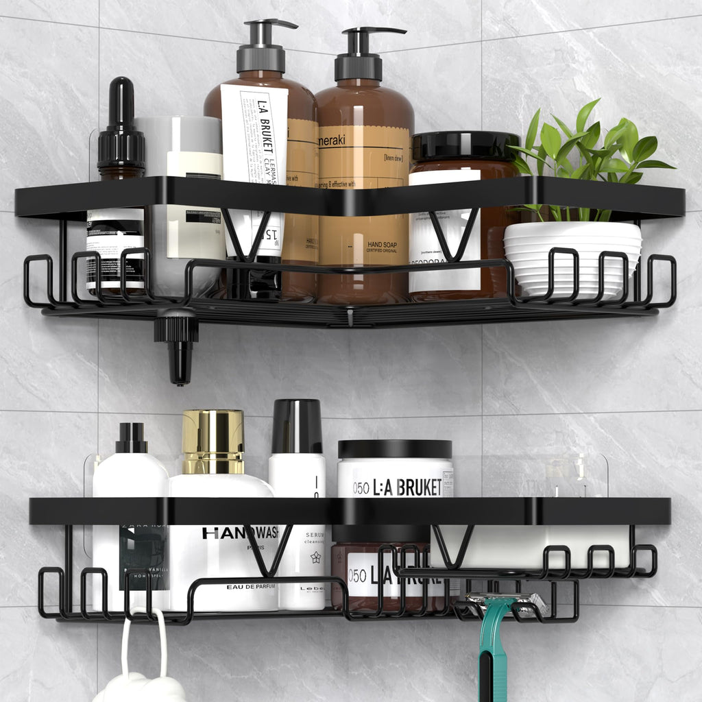 Kegii Telescopic Shower Caddy, 6 Tiers Corner Shower Shelf Adjustable Bathroom Storage Organiser Extendable Corner Bathroom Caddy, Black, No Drilling, Stainless Steel