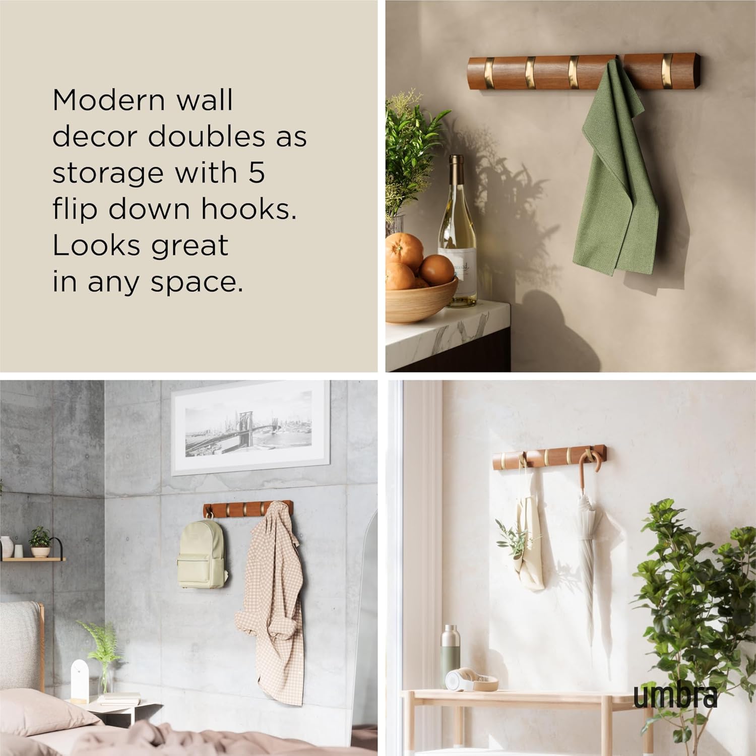 Umbra Flip Wall-Mounted Coat Rack with 5 Hooks – Modern, Space-Saving Storage for Hats, Jackets, Bags, Entryway, Mudroom, Closet, Bathroom, Bedroom – Light Walnut/Gold