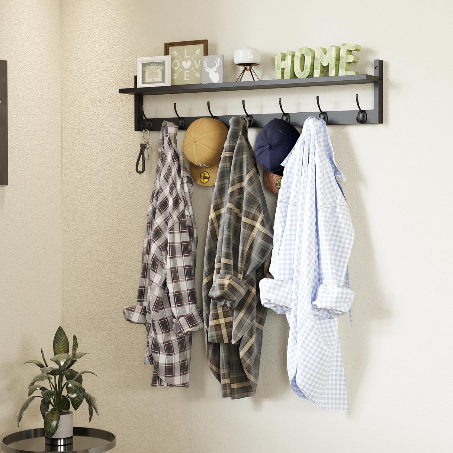 89cm Black Wall Coat Rack with Shelf & 7 Dual Hooks for Entryway Bathroom Bedroom