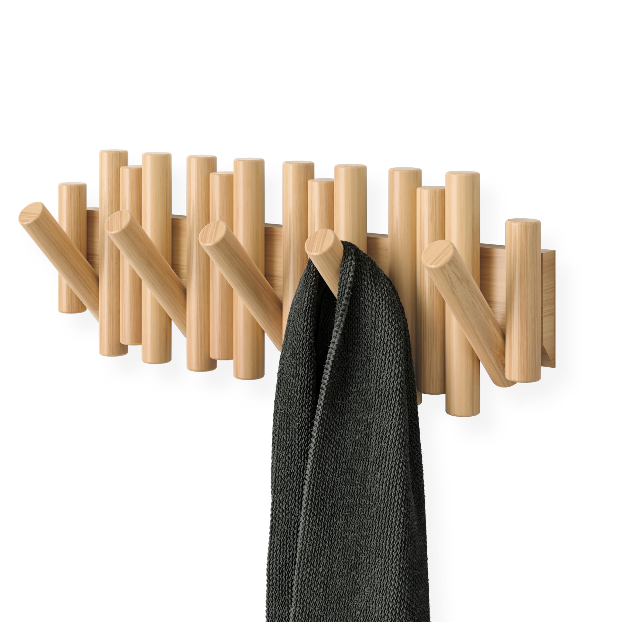 Umbra Picket Coat Rack Wall Mount – 5 Flip-Down Wood Coat Hooks, Modern & Functional Storage, Easy Install Wall Hooks, Natural