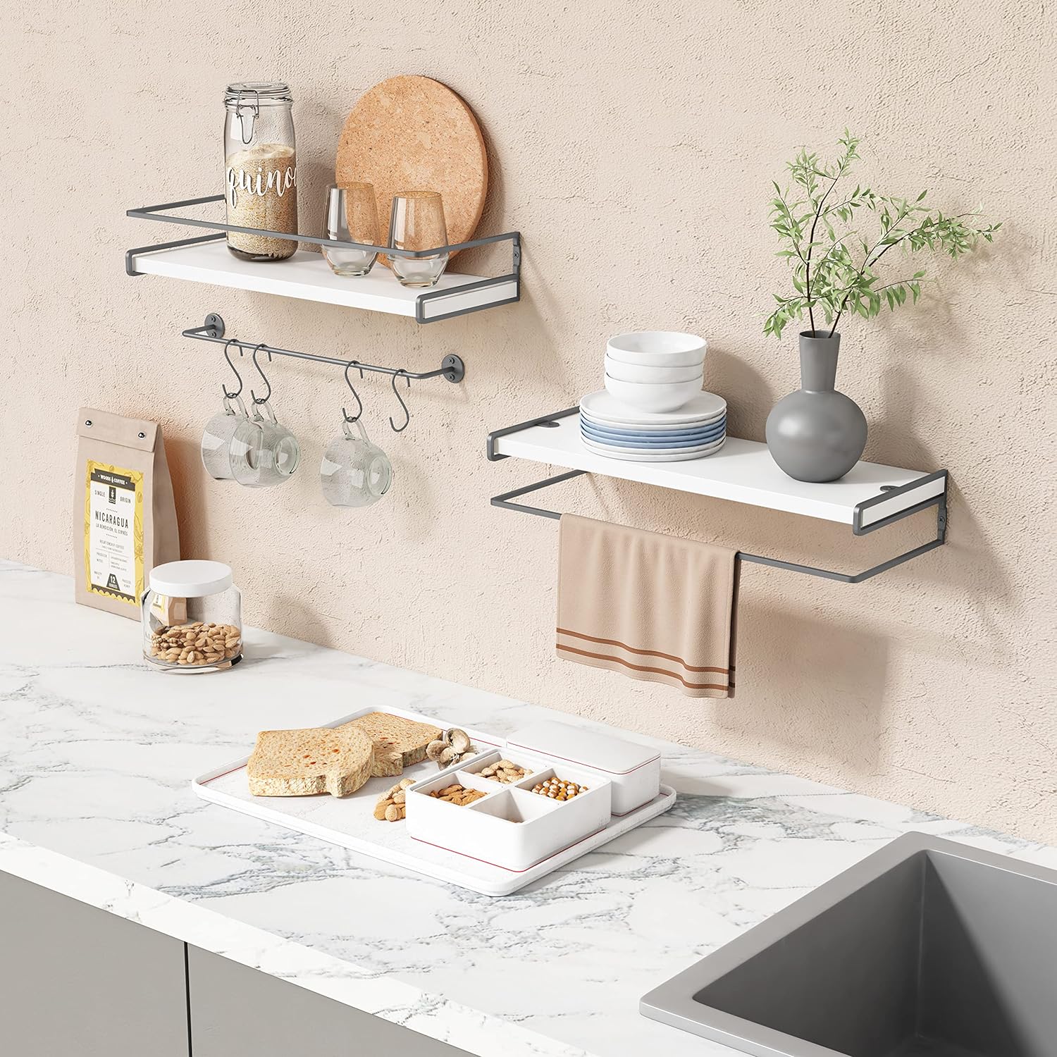 Forbena White Floating Shelves for Bathroom Organizer Over Toilet, Bathroom Shelves Wall Mounted with Towel Rack, Corner Wall Shelf for Bedroom Decor Kitchen Storage (White-Dark Grey, Set of 2)