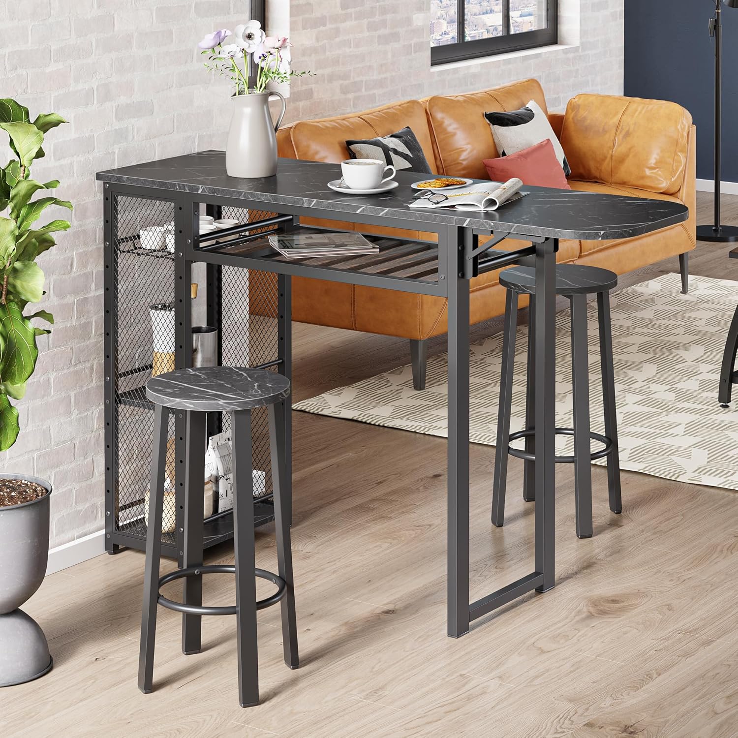Bestier Bar Table and Chair Set, Expandable Dining Table with 2 Bar Stools, Industrial Kitchen Counter with Wine Rack & 3 Tier Adjustable Storage Shelves (Black)