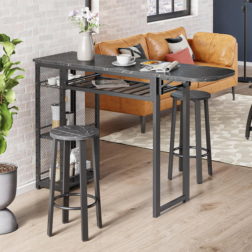 Bestier Bar Table and Chair Set, Expandable Dining Table with 2 Bar Stools, Industrial Kitchen Counter with Wine Rack & 3 Tier Adjustable Storage Shelves (Black)