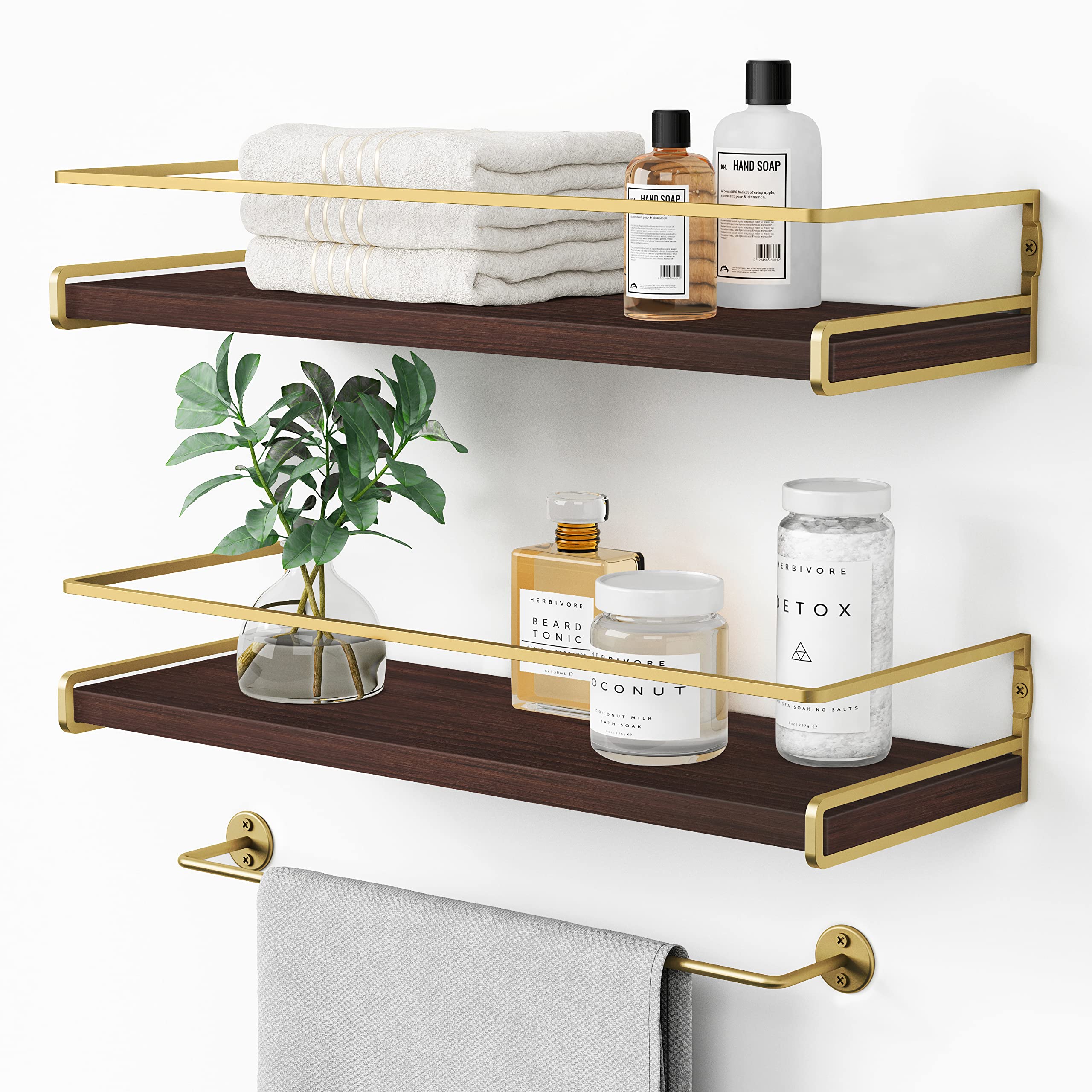Forbena White Floating Shelves for Bathroom Organizer Over Toilet, Bathroom Shelves Wall Mounted with Towel Rack, Corner Wall Shelf for Bedroom Decor Kitchen Storage (White-Dark Grey, Set of 2)
