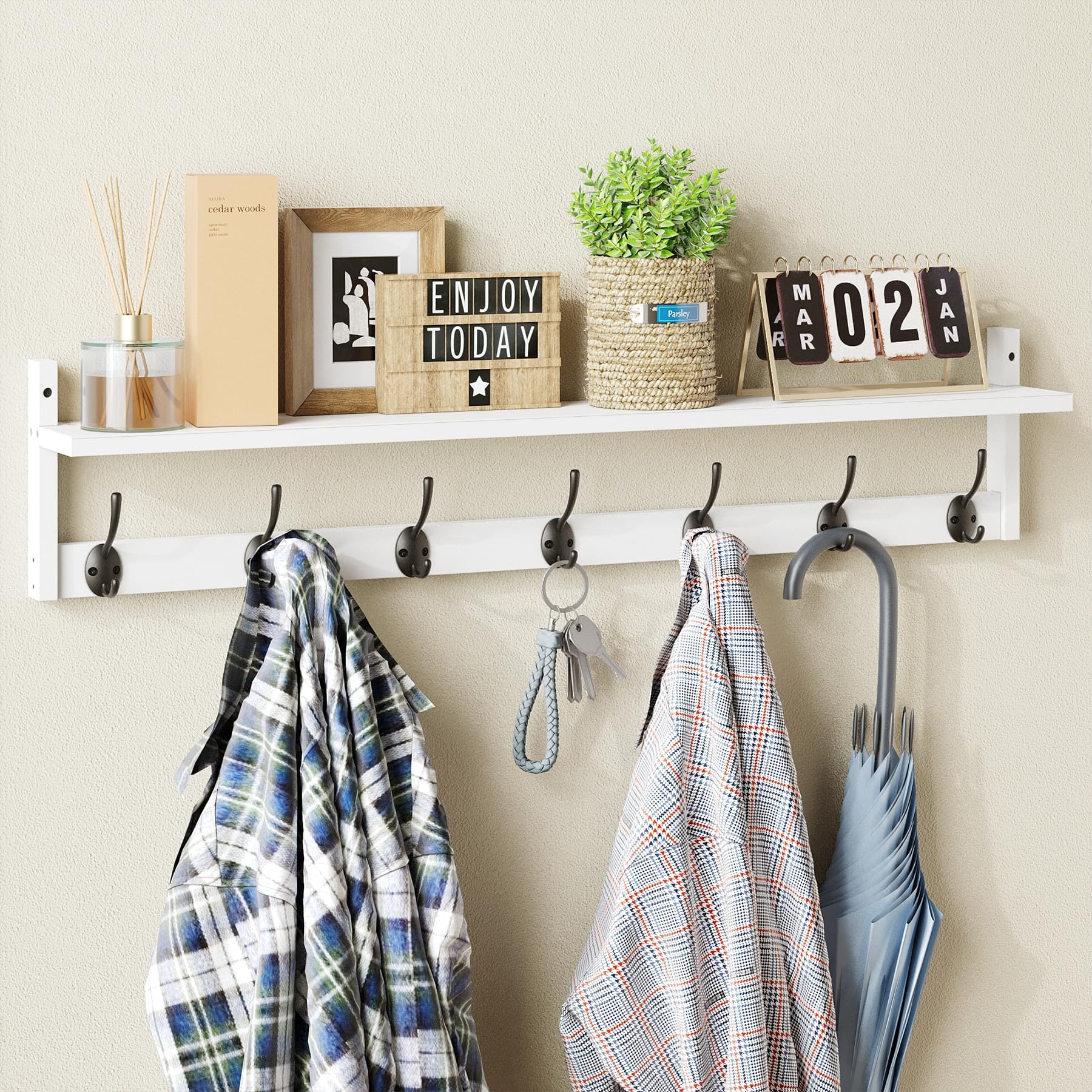 89cm Black Wall Coat Rack with Shelf & 7 Dual Hooks for Entryway Bathroom Bedroom