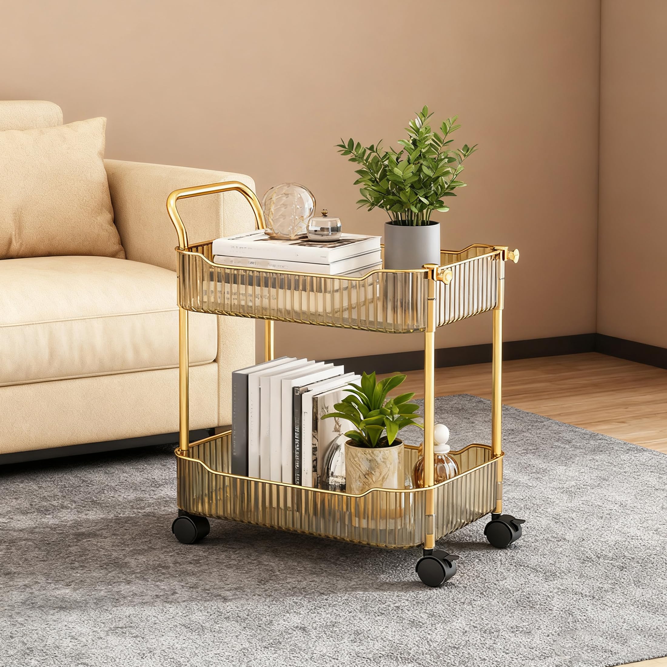 Storage Trolley on Wheels, Acrylic Beauty Trolleys Makeup Organizers Rolling Utility Cart For Bathroom, Salon,Kitchen,Gold,4Tier