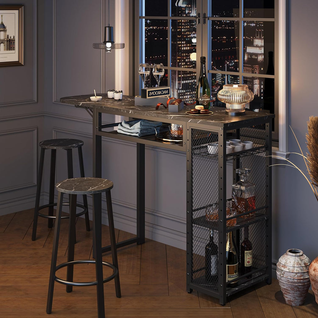 Bestier Bar Table and Chair Set, Expandable Dining Table with 2 Bar Stools, Industrial Kitchen Counter with Wine Rack & 3 Tier Adjustable Storage Shelves (Black)