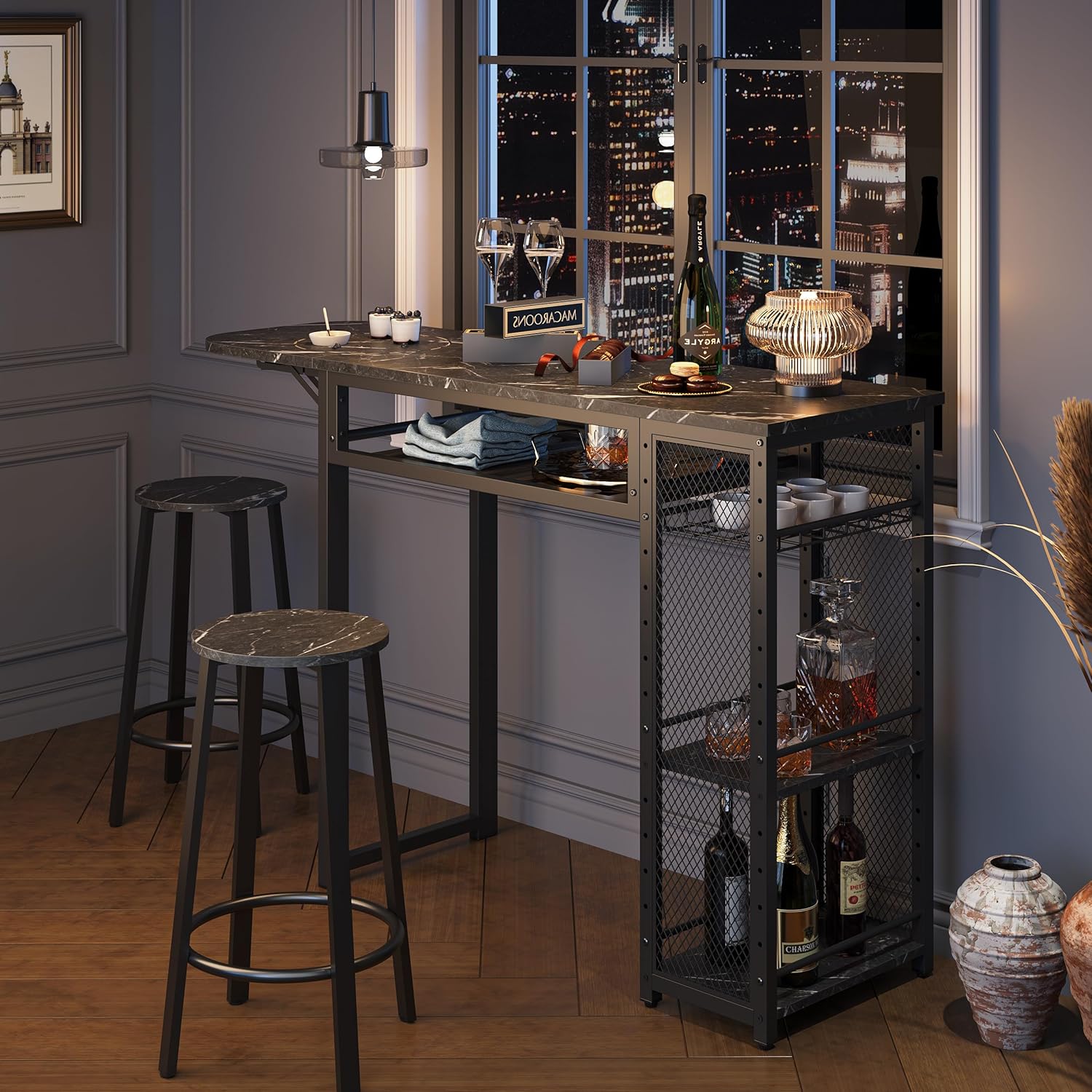 Bestier Bar Table and Chair Set, Expandable Dining Table with 2 Bar Stools, Industrial Kitchen Counter with Wine Rack & 3 Tier Adjustable Storage Shelves (Black)