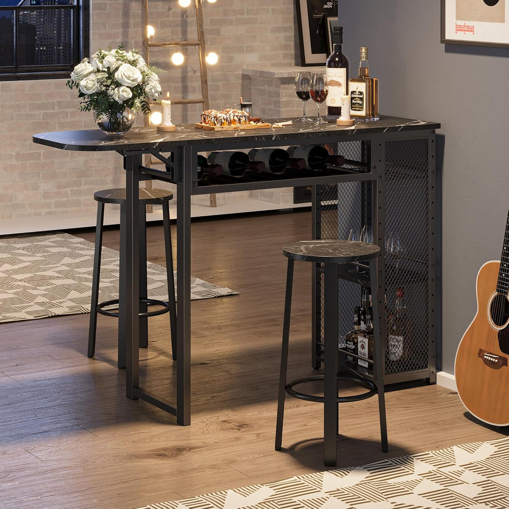 Bestier Bar Table and Chair Set, Expandable Dining Table with 2 Bar Stools, Industrial Kitchen Counter with Wine Rack & 3 Tier Adjustable Storage Shelves (Black)