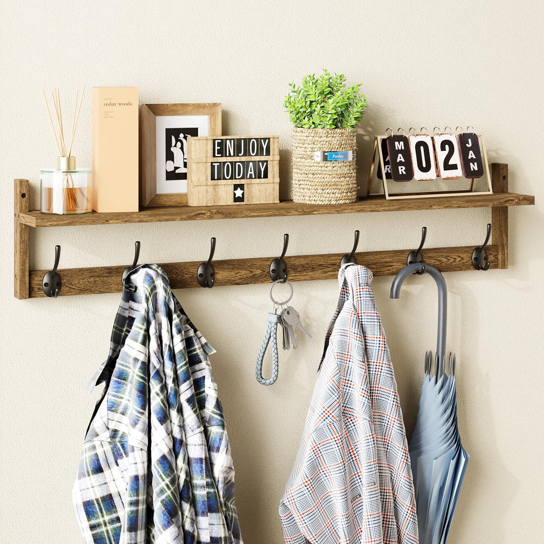 89cm Black Wall Coat Rack with Shelf & 7 Dual Hooks for Entryway Bathroom Bedroom