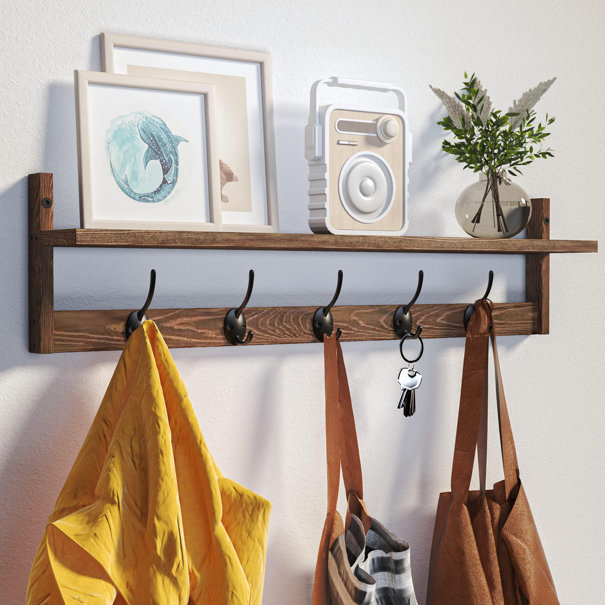 89cm Black Wall Coat Rack with Shelf & 7 Dual Hooks for Entryway Bathroom Bedroom