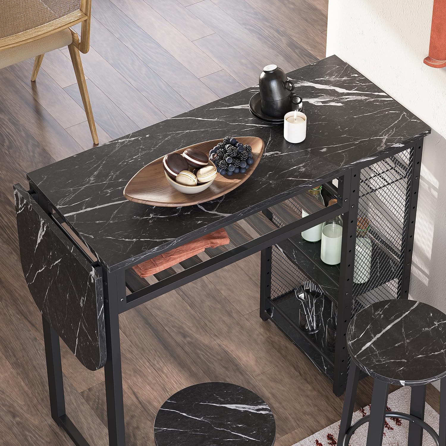 Bestier Bar Table and Chair Set, Expandable Dining Table with 2 Bar Stools, Industrial Kitchen Counter with Wine Rack & 3 Tier Adjustable Storage Shelves (Black)