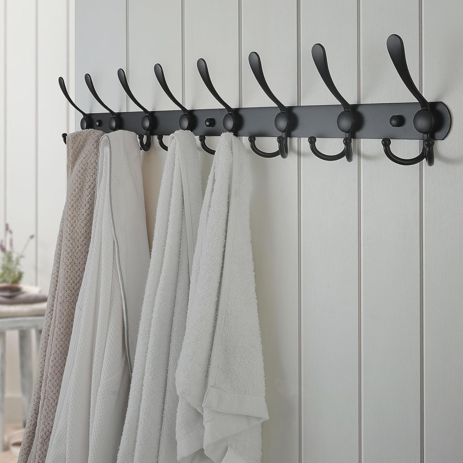 Dseap Coat Rack Wall Mount - 74cm Long 8-Tri-Hooks, Heavy Duty, Stainless Steel, Metal Coat Hanger Rail Wall Hooks for Coats Hats Clothing Clothes Purse Mudroom Entryway, Black