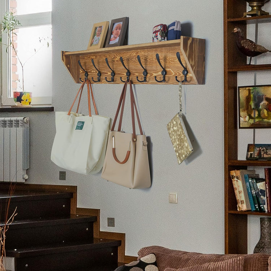 WEBI Coat Rack Wall Mount with Shelf,89cm Long Shelf with Hooks Underneath,7 Triple Hooks,Key Rack for Wall,Entryway Shelves for Walll,Rustic Brown