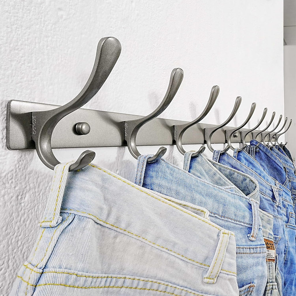 SKOLOO Coat Rack Wall Mounted - 10 Hooks, Heavy Duty, Stainless Steel, Metal Wall Coat Hanger, Sturdy Wall Hooks for Hanging Jacket, Clothes, Hat, Matte Grey