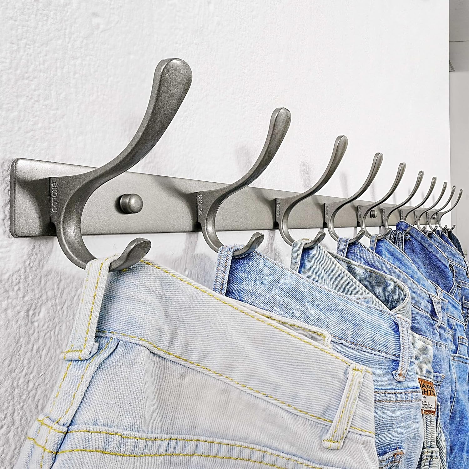 SKOLOO Coat Rack Wall Mounted - 10 Hooks, Heavy Duty, Stainless Steel, Metal Wall Coat Hanger, Sturdy Wall Hooks for Hanging Jacket, Clothes, Hat, Matte Grey