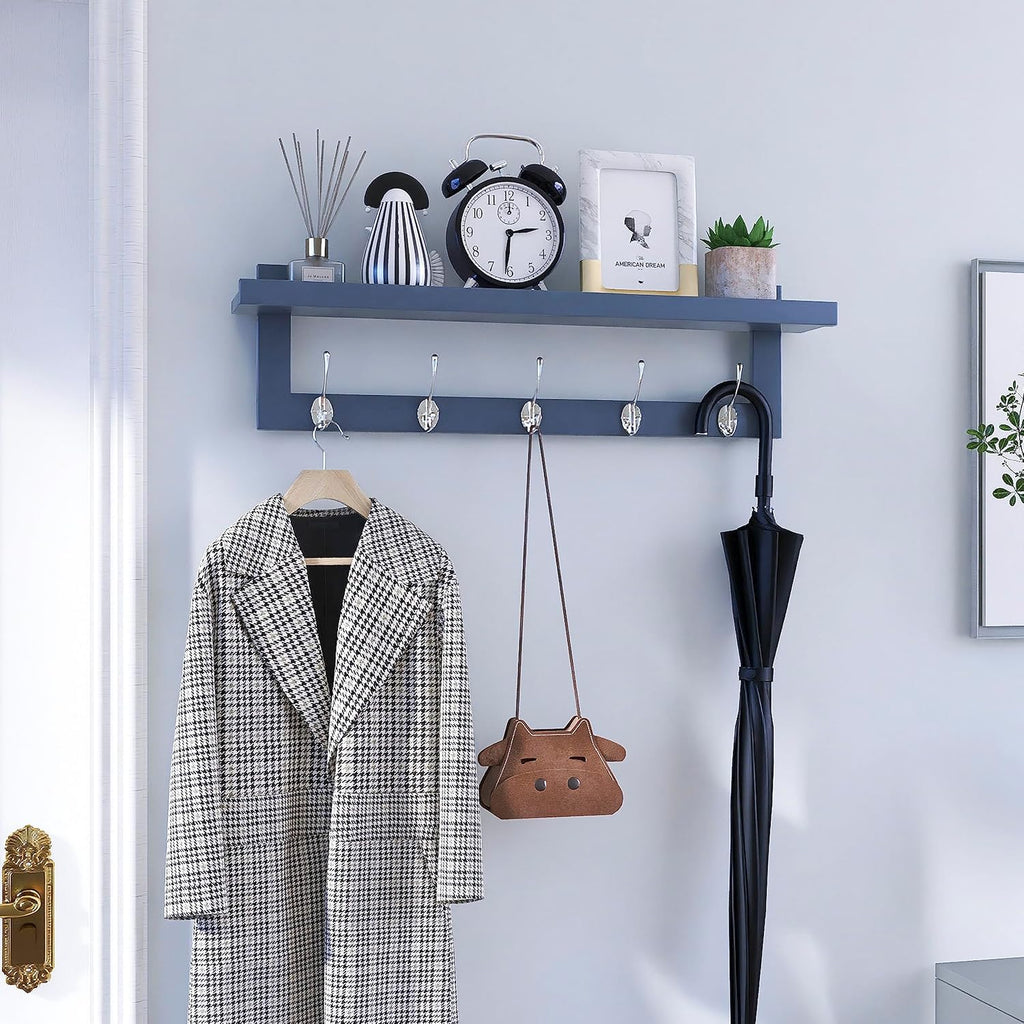 SMIBUY Coat Hooks with Shelf Wall-Mounted, 74 cm Entryway Coat Rack for Wall, Bamboo Hanging Shelf with 5 Double Metal Hooks for Bathroom, Bedroom, Kitchen, Living Room, Mudroom (Grey)