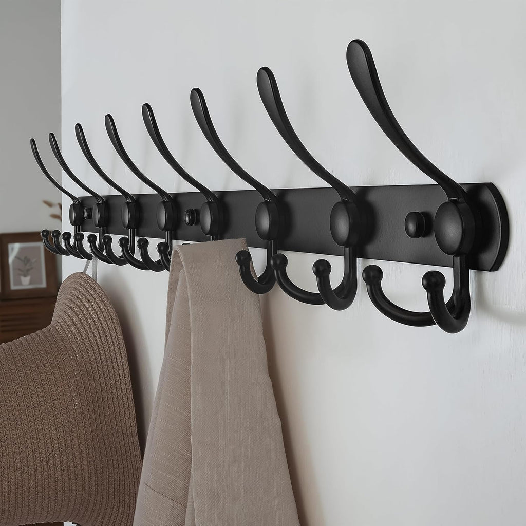 Dseap Coat Rack Wall Mount - 74cm Long 8-Tri-Hooks, Heavy Duty, Stainless Steel, Metal Coat Hanger Rail Wall Hooks for Coats Hats Clothing Clothes Purse Mudroom Entryway, Black