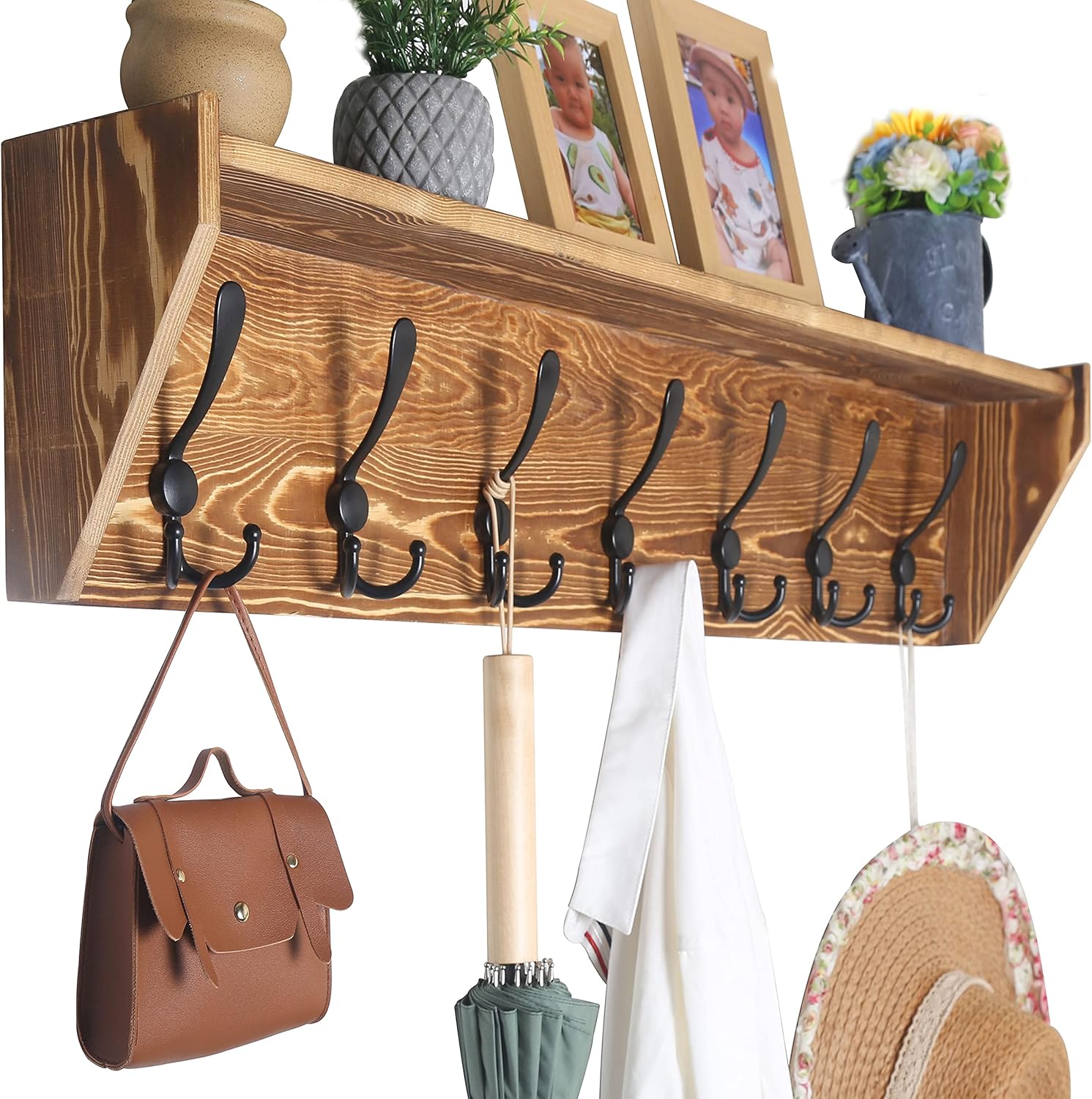 WEBI Coat Rack Wall Mount with Shelf,89cm Long Shelf with Hooks Underneath,7 Triple Hooks,Key Rack for Wall,Entryway Shelves for Walll,Rustic Brown