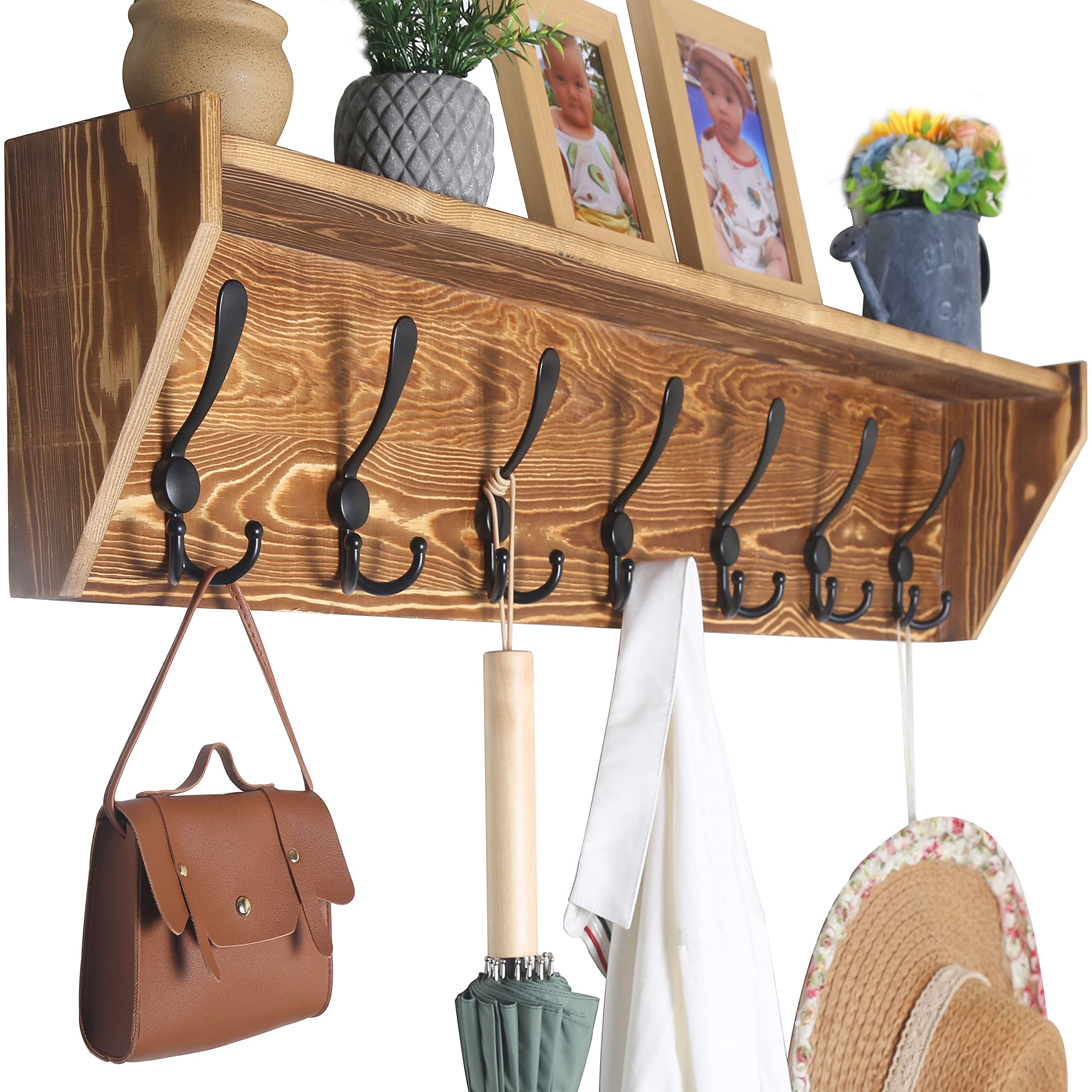 WEBI Coat Rack Wall Mount with Shelf,89cm Long Shelf with Hooks Underneath,7 Triple Hooks,Key Rack for Wall,Entryway Shelves for Walll,Rustic Brown
