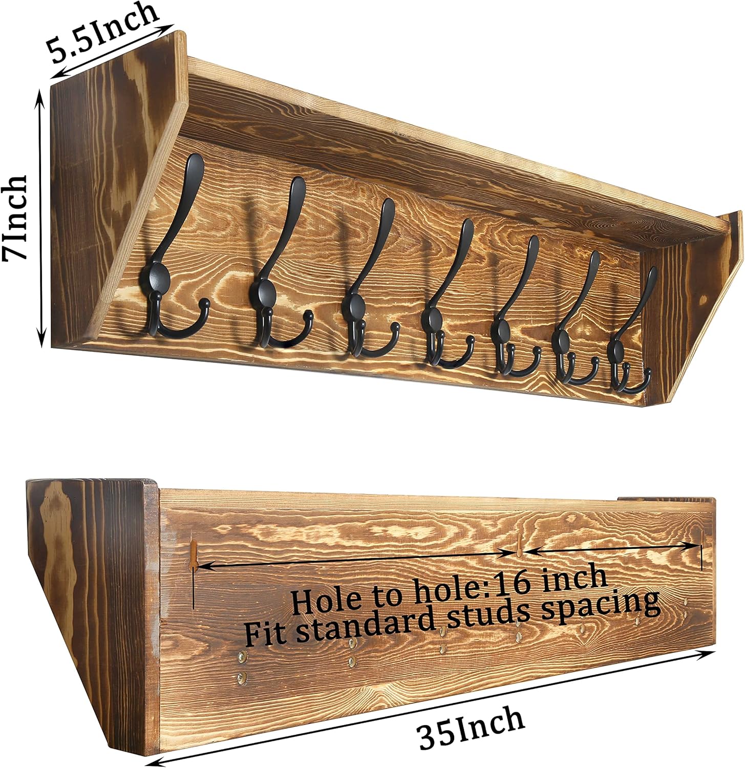 WEBI Coat Rack Wall Mount with Shelf,89cm Long Shelf with Hooks Underneath,7 Triple Hooks,Key Rack for Wall,Entryway Shelves for Walll,Rustic Brown