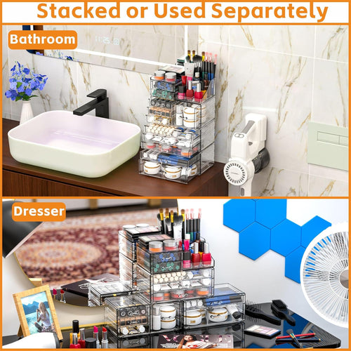 Acrylic Clear Makeup Organizer Countertop,Stackable Skincare Organizer for Vanity With 11 Drawer,Large Plastic Desk Accessories Organization,Bathroom Cosmetic Organizer Countertop for Beauty,Skin Care